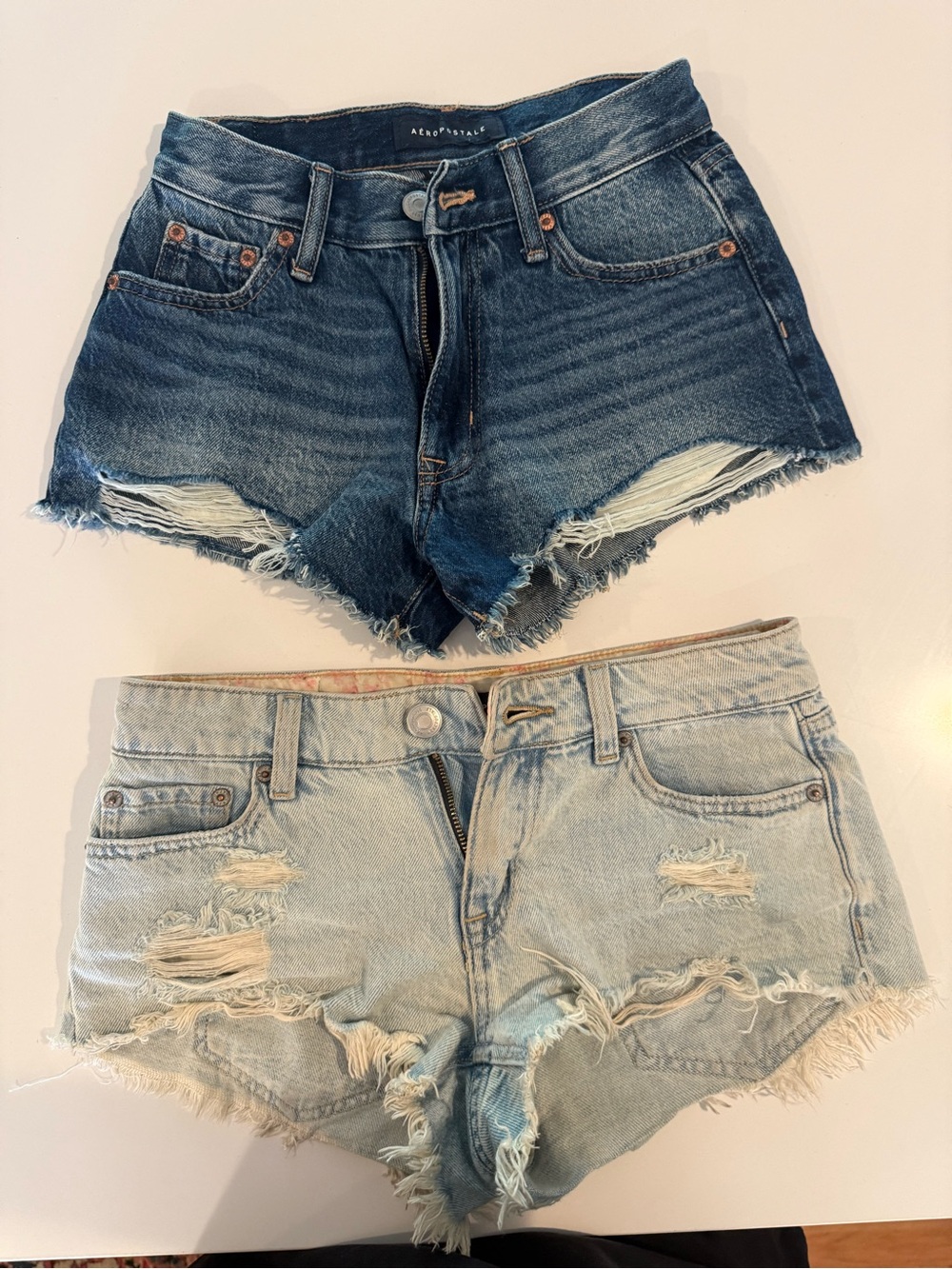 Aeropostale Women’s Distressed Denim Shorts - Dark Blue and Light Blue